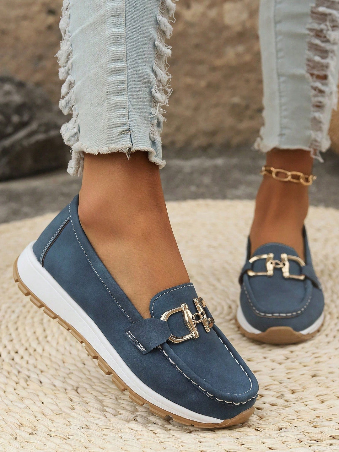 Damen Loafer Flach Schnallen PU-Leder Slip-On Mokassins