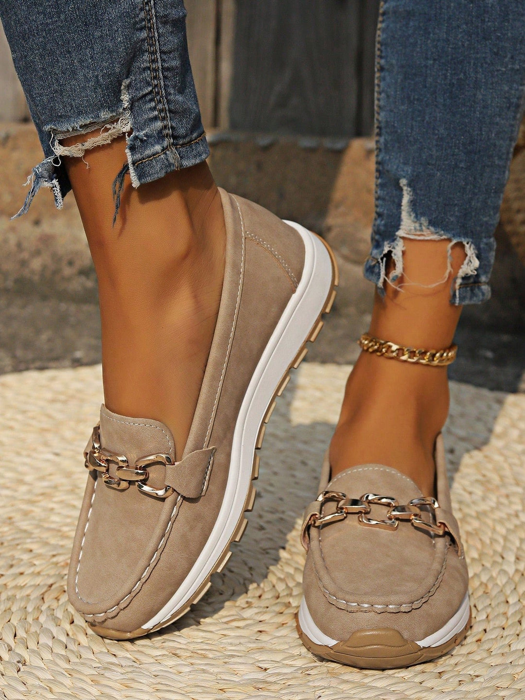 Damen Loafer Flach Schnallen PU-Leder Slip-On Mokassins - Khaki