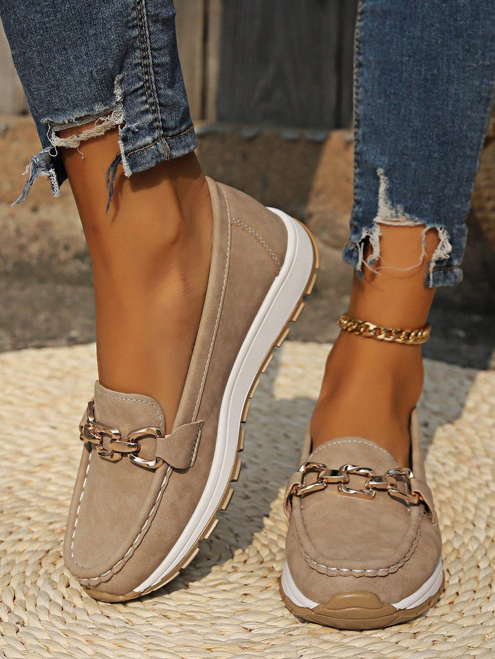 Damen Loafer Flach Schnallen PU-Leder Slip-On Mokassins - Khaki