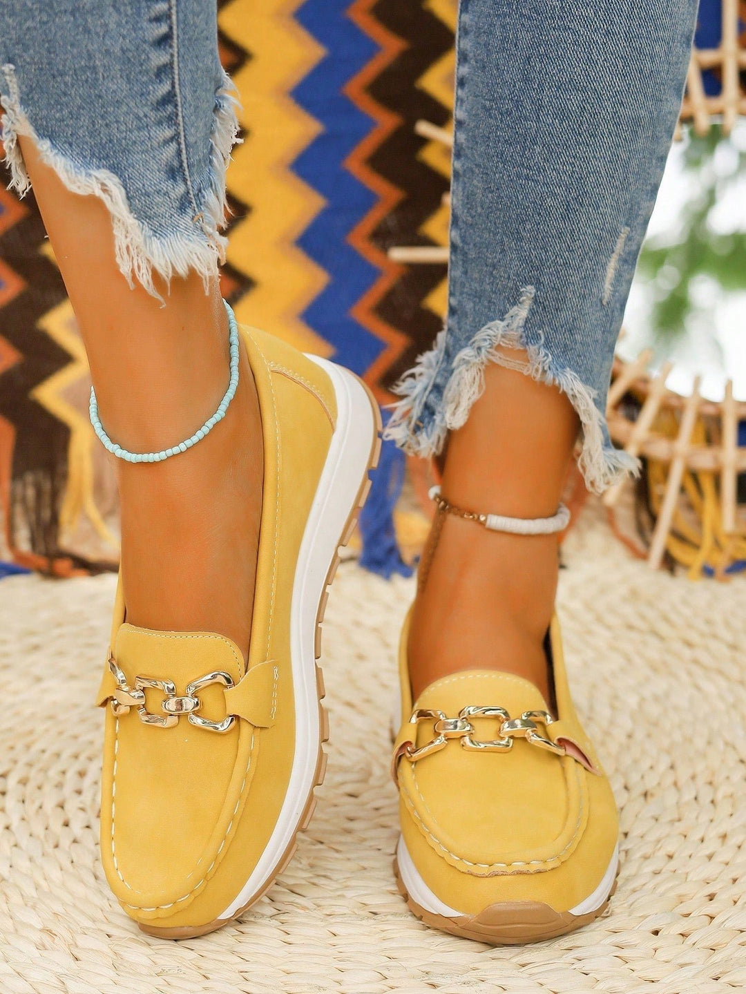 Damen Loafer Flach Schnallen PU-Leder Slip-On Mokassins - Yellow