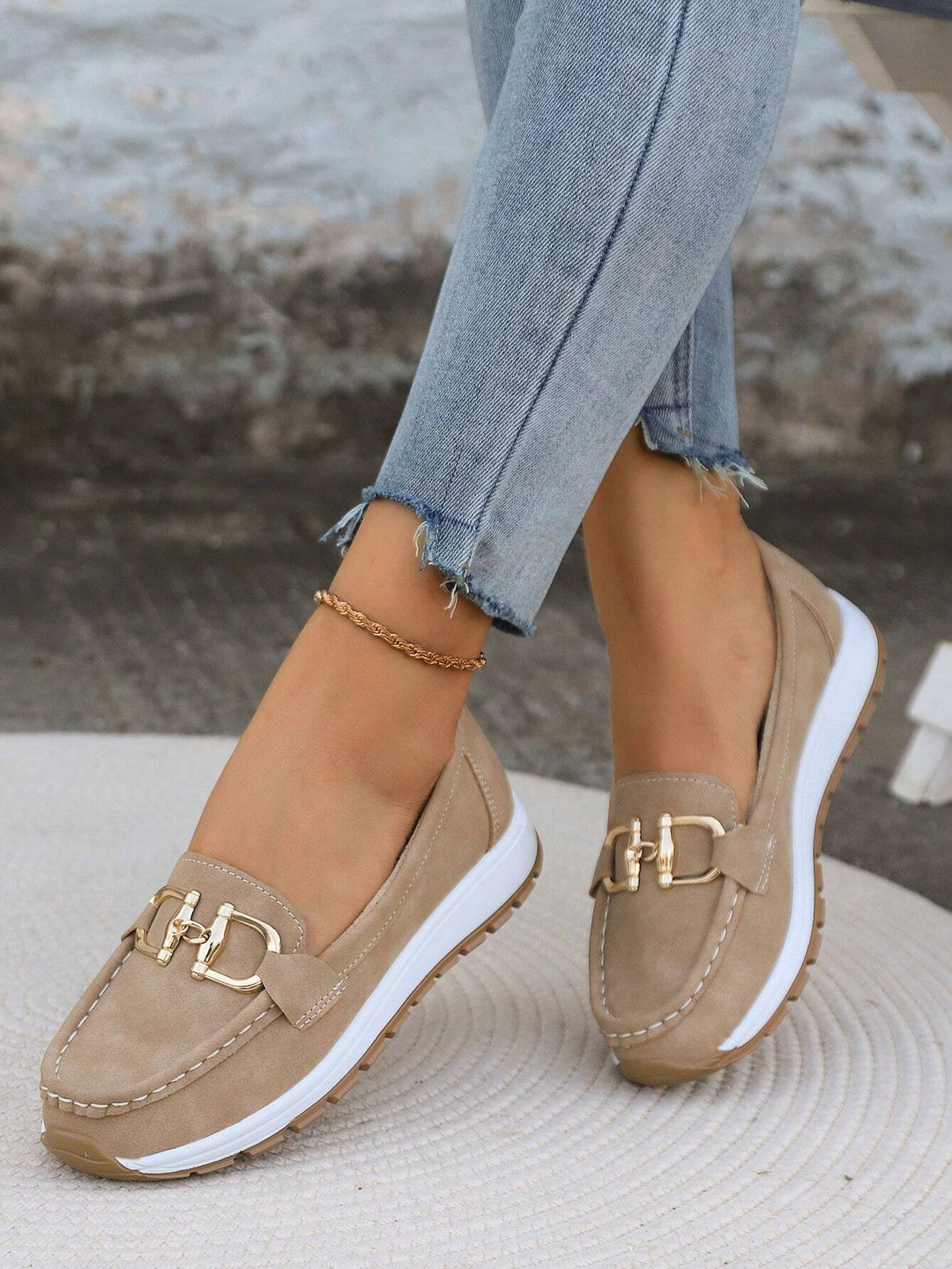 Damen Loafer Flach Schnallen PU-Leder Slip-On Mokassins