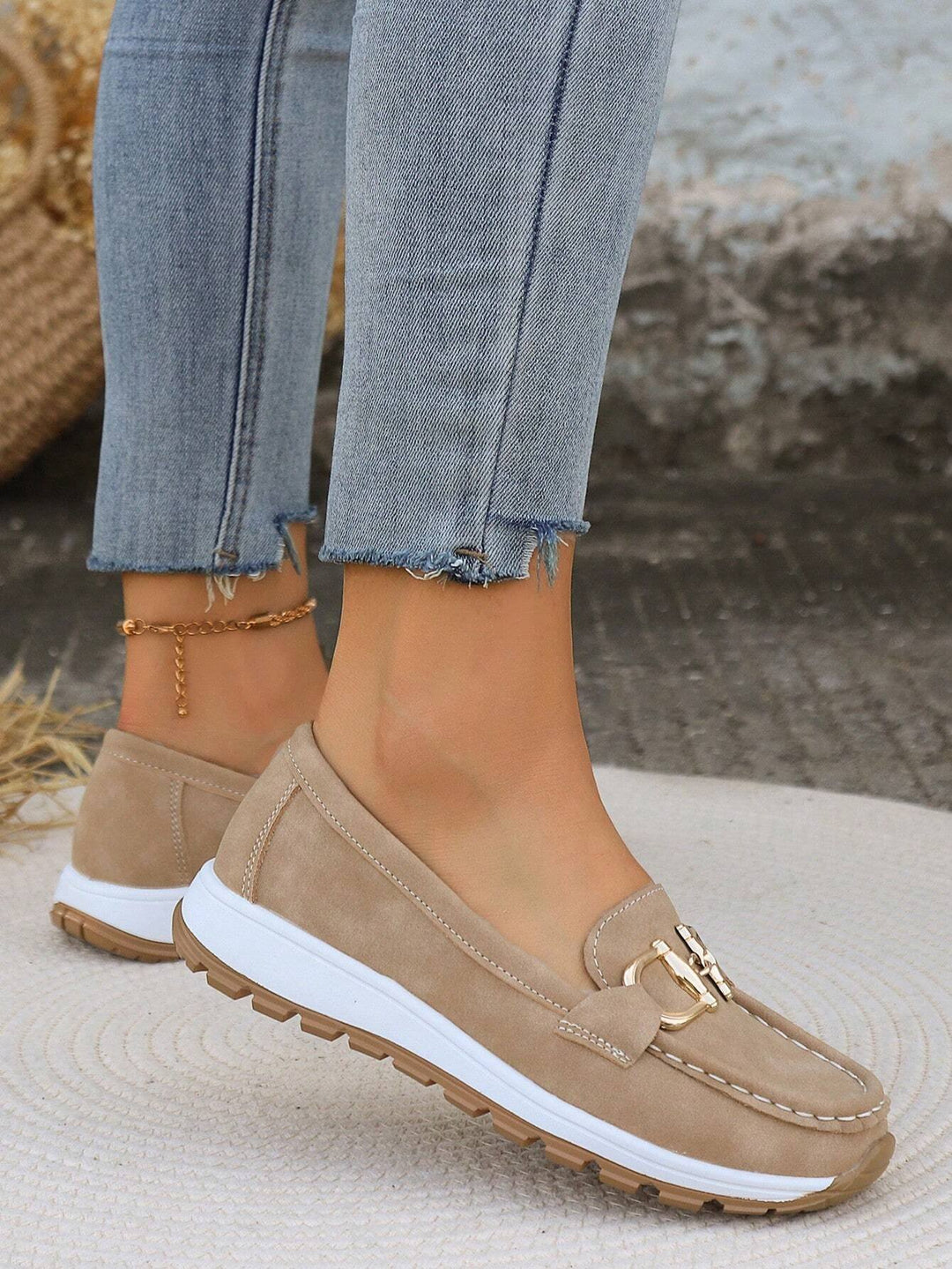 Damen Loafer Flach Schnallen PU-Leder Slip-On Mokassins