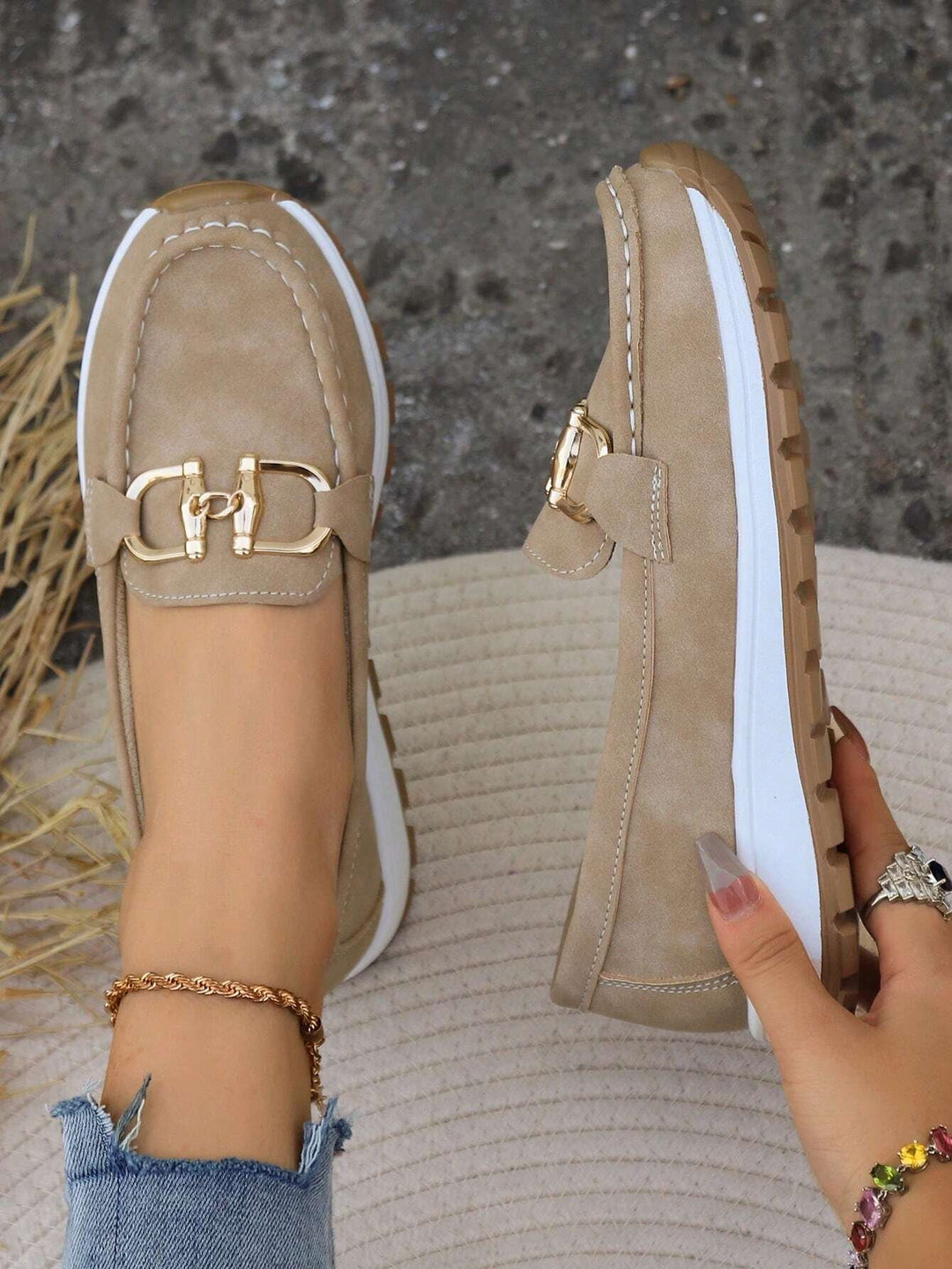 Damen Loafer Flach Schnallen PU-Leder Slip-On Mokassins