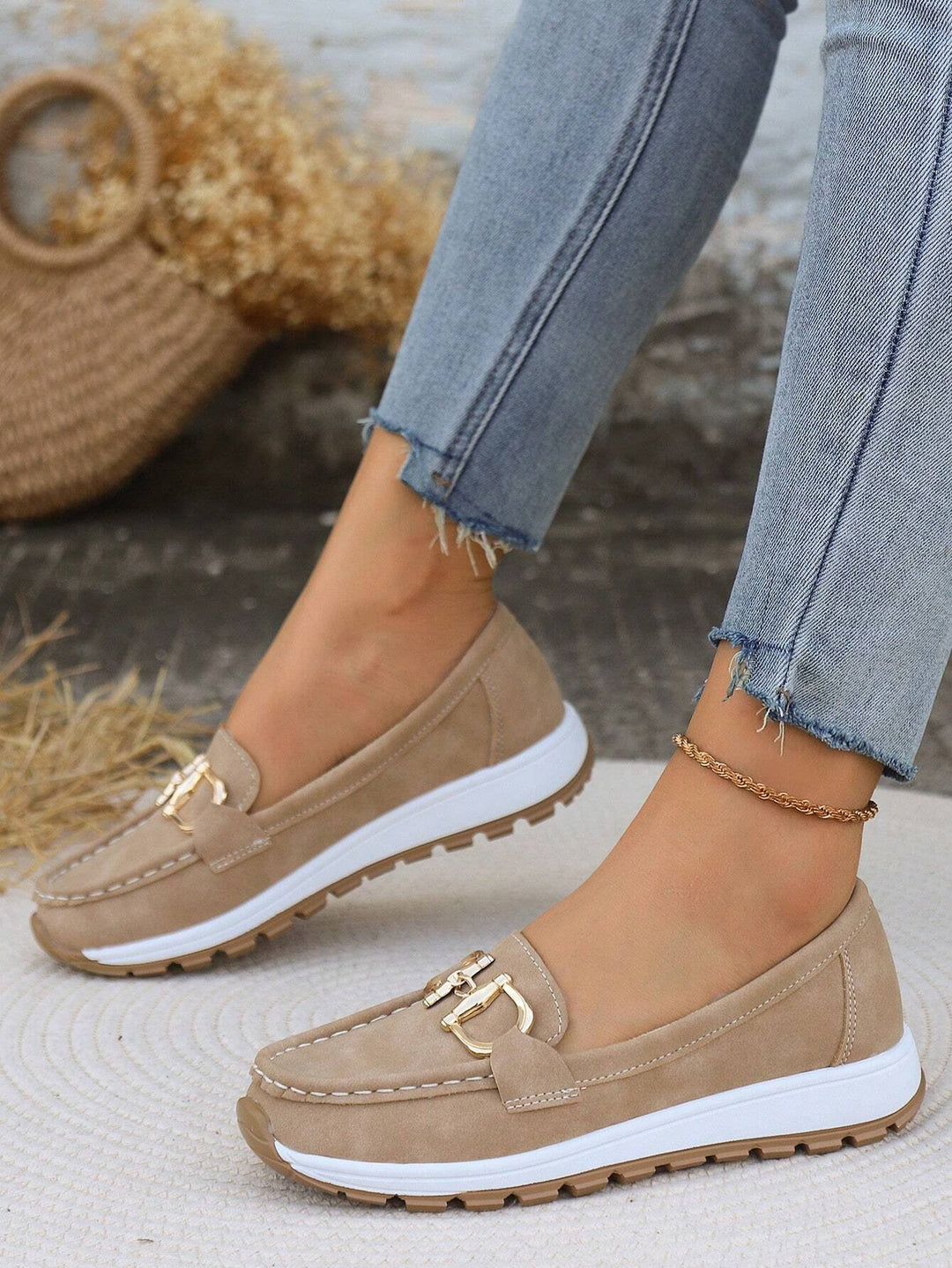 Damen Loafer Flach Schnallen PU-Leder Slip-On Mokassins