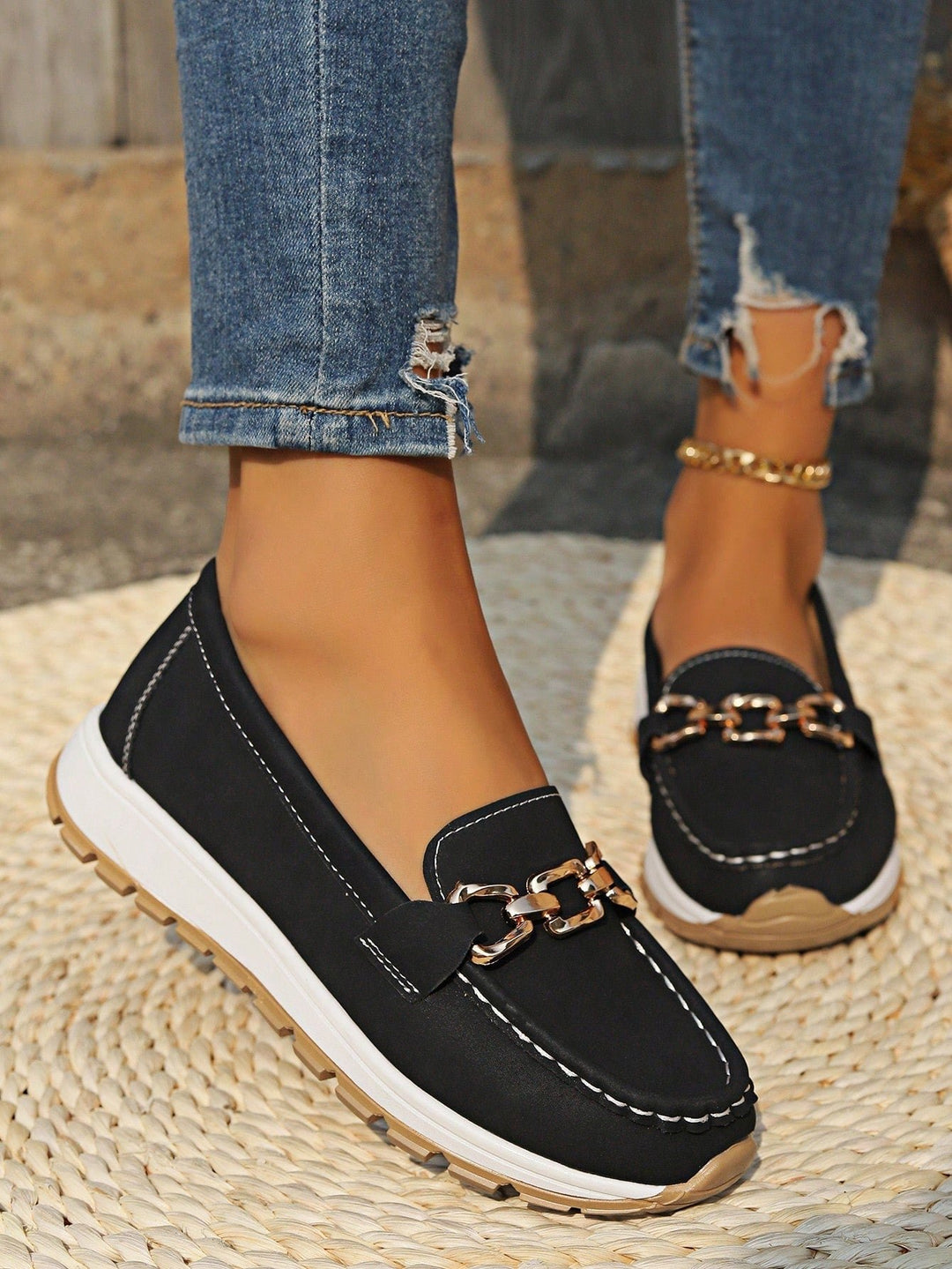 Damen Loafer Flach Schnallen PU-Leder Slip-On Mokassins