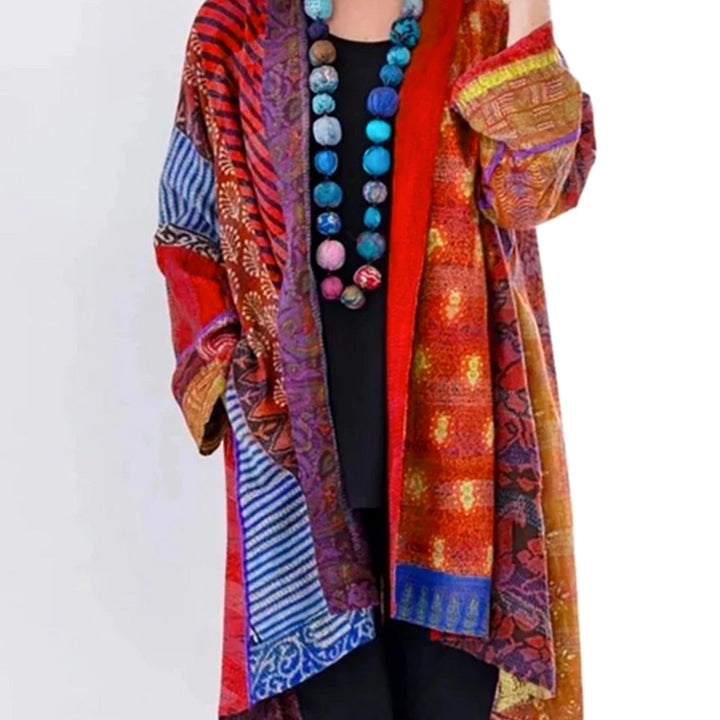 Damen locker geschnittene Boho-Strickjacke in Duster-Länge mit Patchwork-Muster - Rot