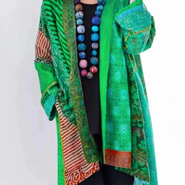 Damen locker geschnittene Boho-Strickjacke in Duster-Länge mit Patchwork-Muster - Grün