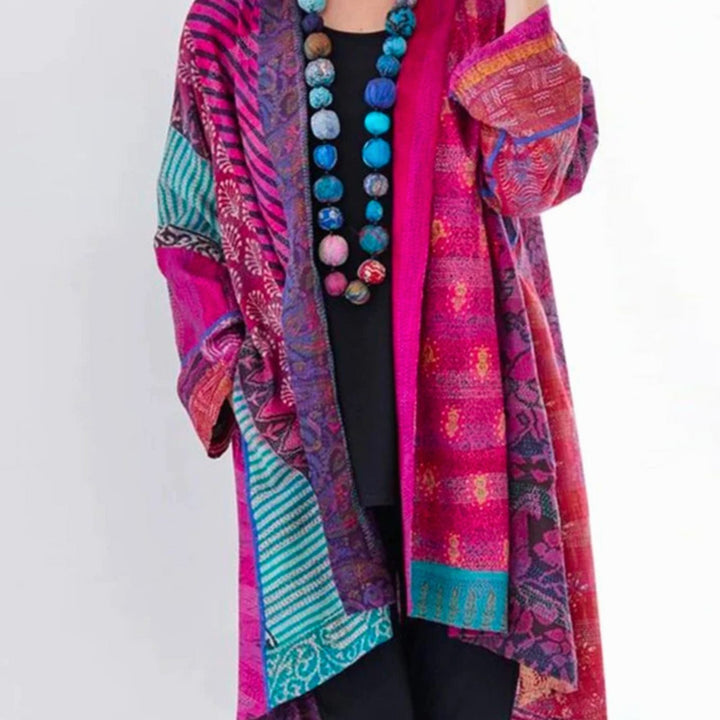 Damen locker geschnittene Boho-Strickjacke in Duster-Länge mit Patchwork-Muster - Rosa
