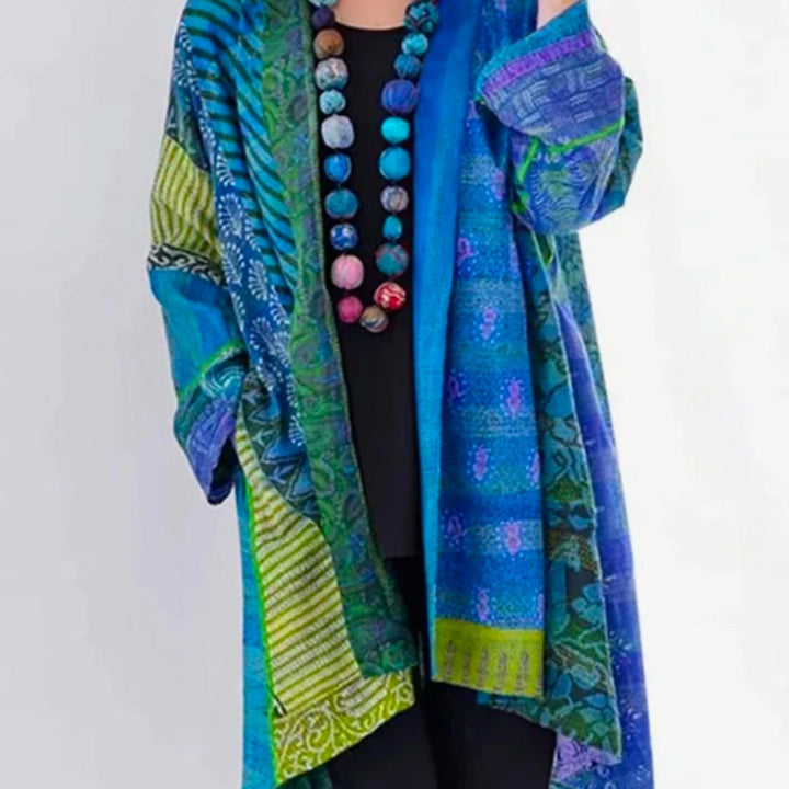Damen locker geschnittene Boho-Strickjacke in Duster-Länge mit Patchwork-Muster - Blau