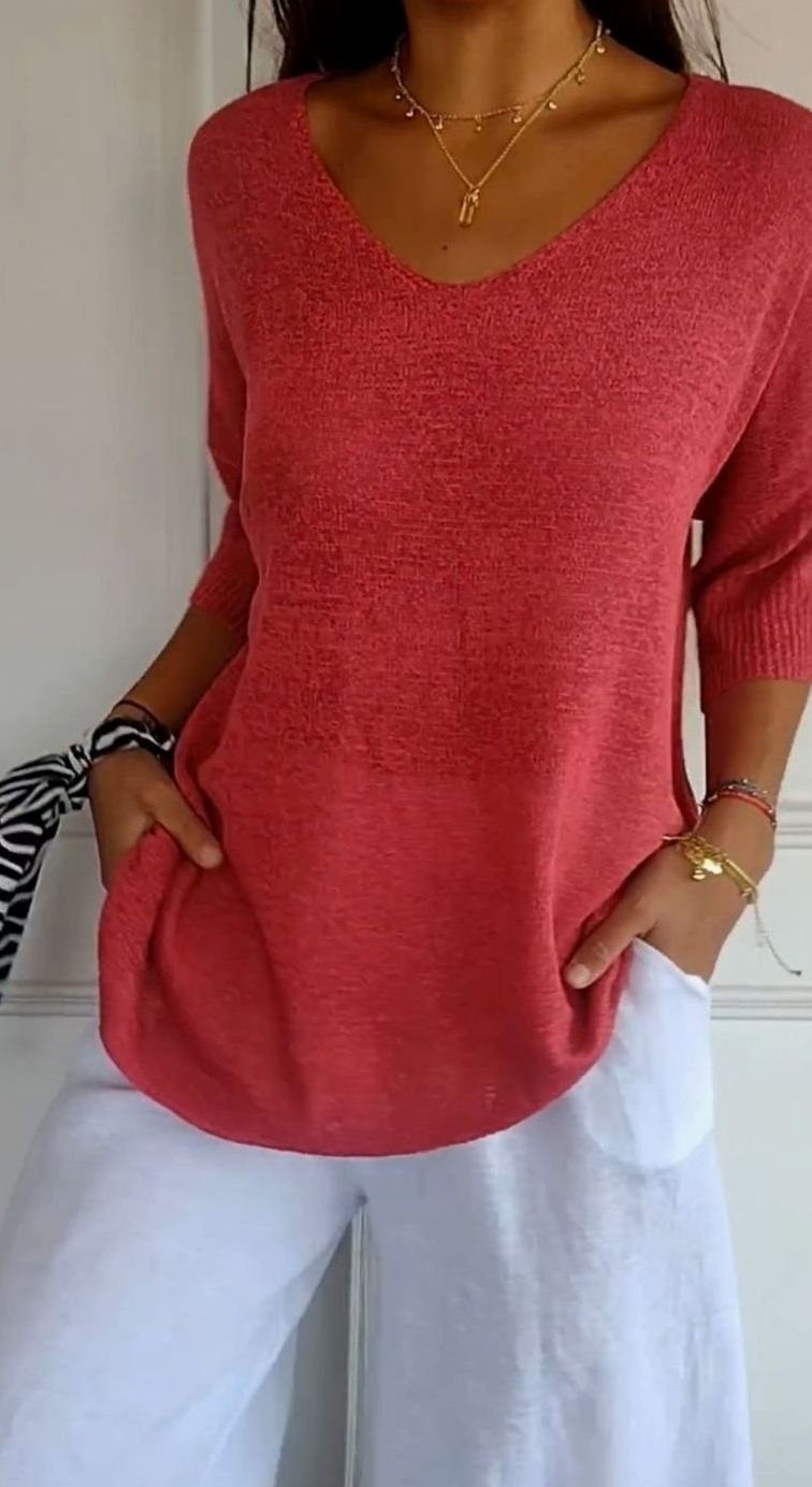 Damen Locker Sitzender V-Ausschnitt Tunika-Pullover - Rot