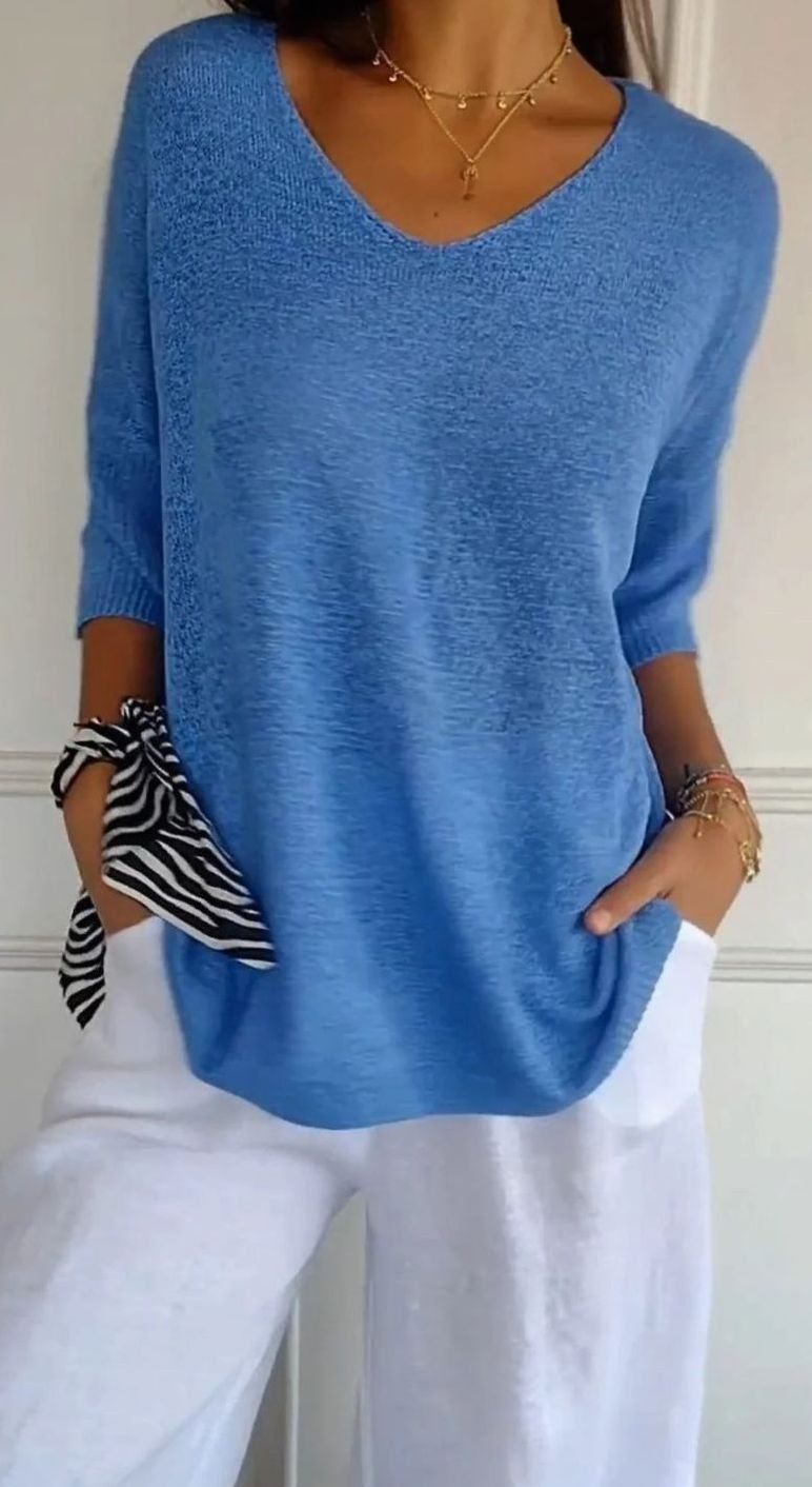 Damen Locker Sitzender V-Ausschnitt Tunika-Pullover - Blau