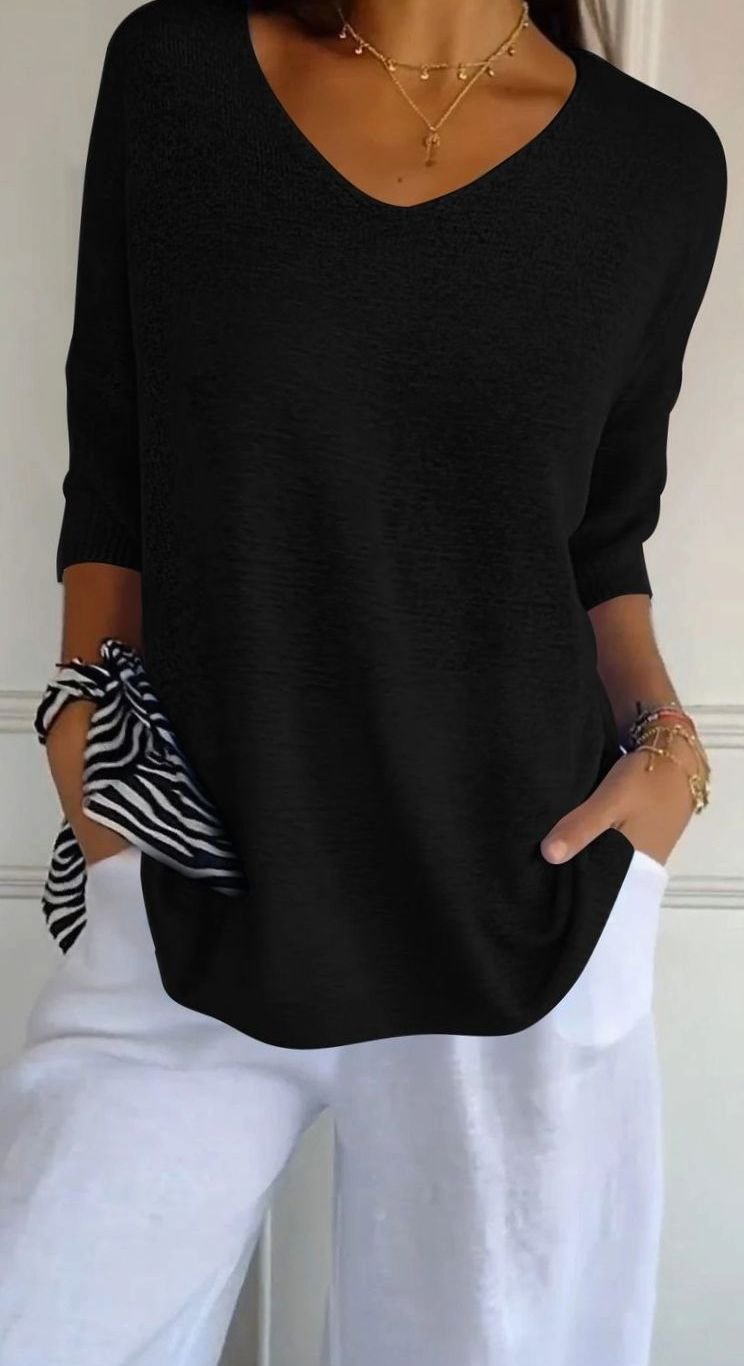 Damen Locker Sitzender V-Ausschnitt Tunika-Pullover - Schwarz