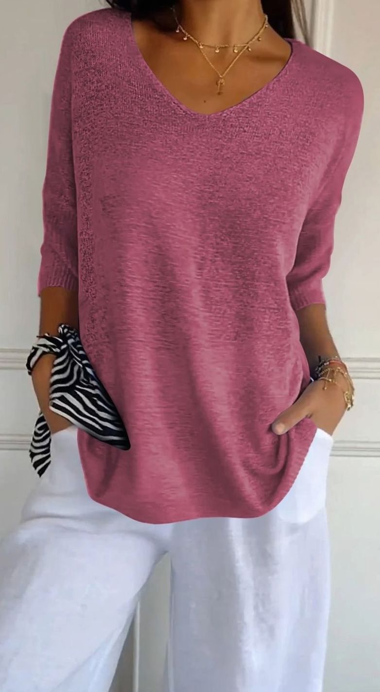 Damen Locker Sitzender V-Ausschnitt Tunika-Pullover - Rosa-Rot