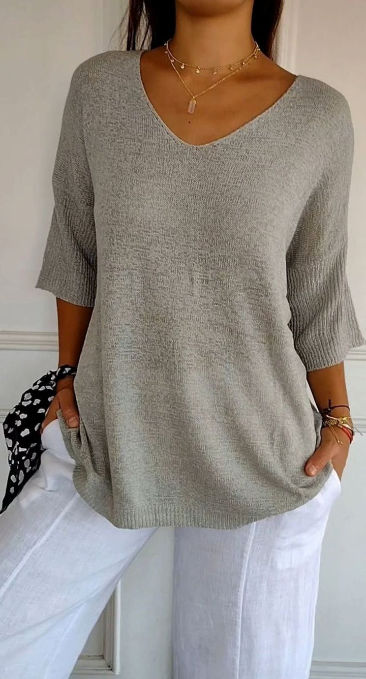 Damen Locker Sitzender V-Ausschnitt Tunika-Pullover - Grau