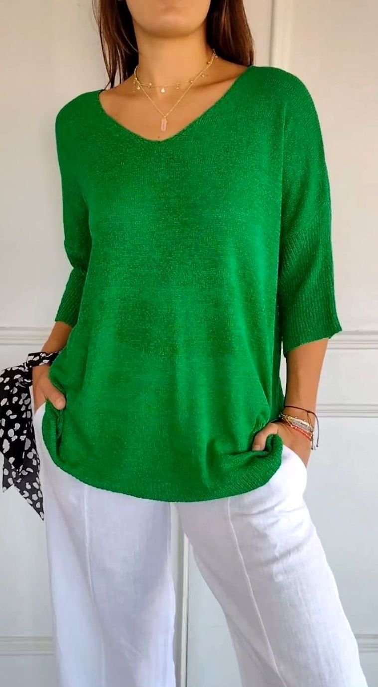 Damen Locker Sitzender V-Ausschnitt Tunika-Pullover - Grün