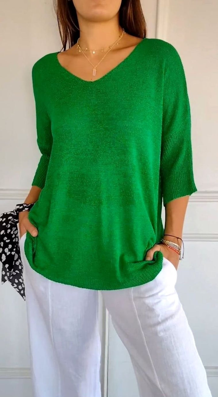 Damen Locker Sitzender V-Ausschnitt Tunika-Pullover - Grün