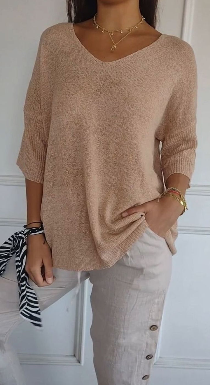 Damen Locker Sitzender V-Ausschnitt Tunika-Pullover - Apricot