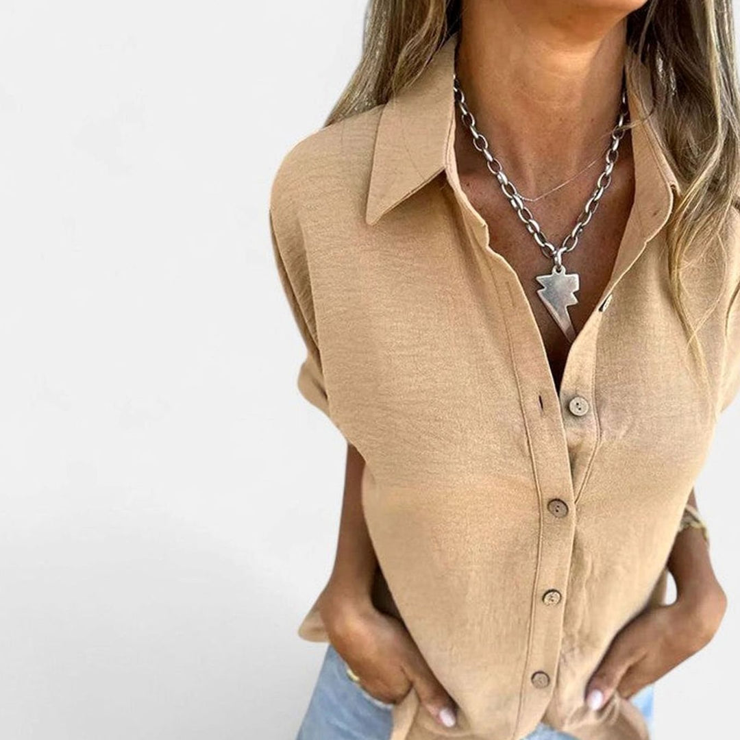Damen Lockere Kurzarmbluse mit Knopfleiste femininer Hemdblusen-Schnitt - Beige