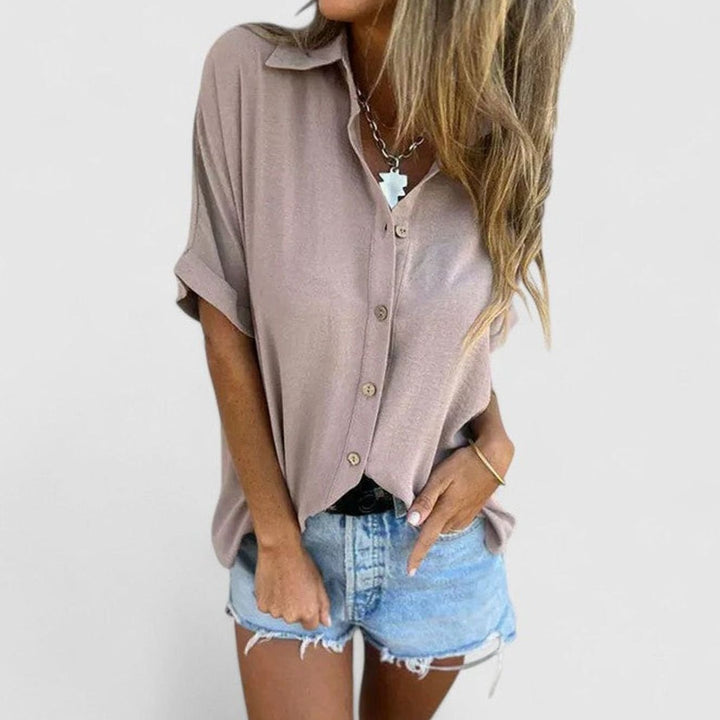 Damen Lockere Kurzarmbluse mit Knopfleiste femininer Hemdblusen-Schnitt - Taupe