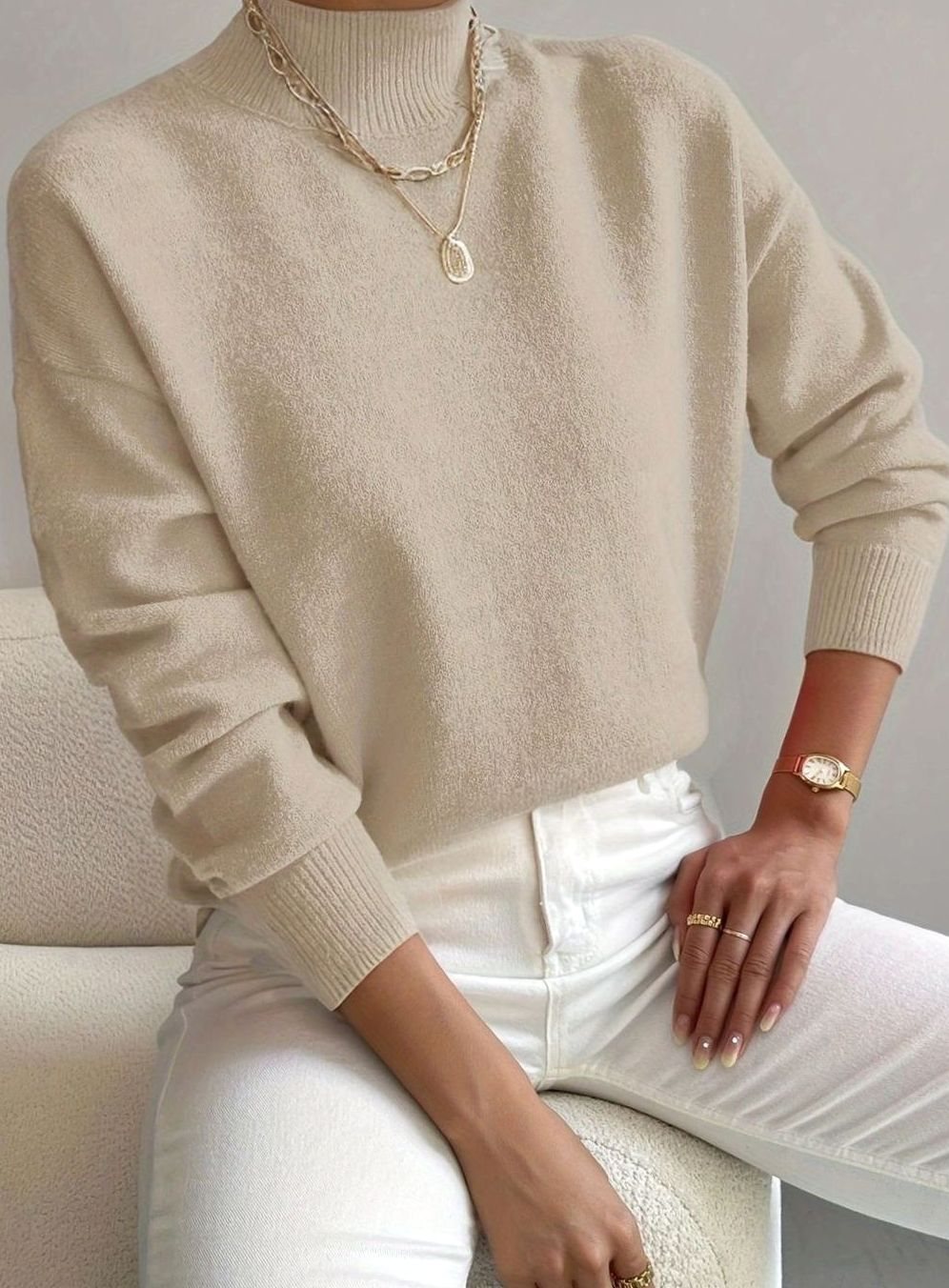 Damen Lockerer Mock-Neck-Pullover mit Stehkragen - Beige