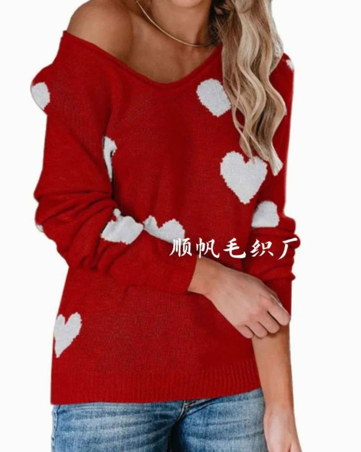 Damen Lockerer Strickpullover mit Herzmuster Rundhals Langarm - Rot