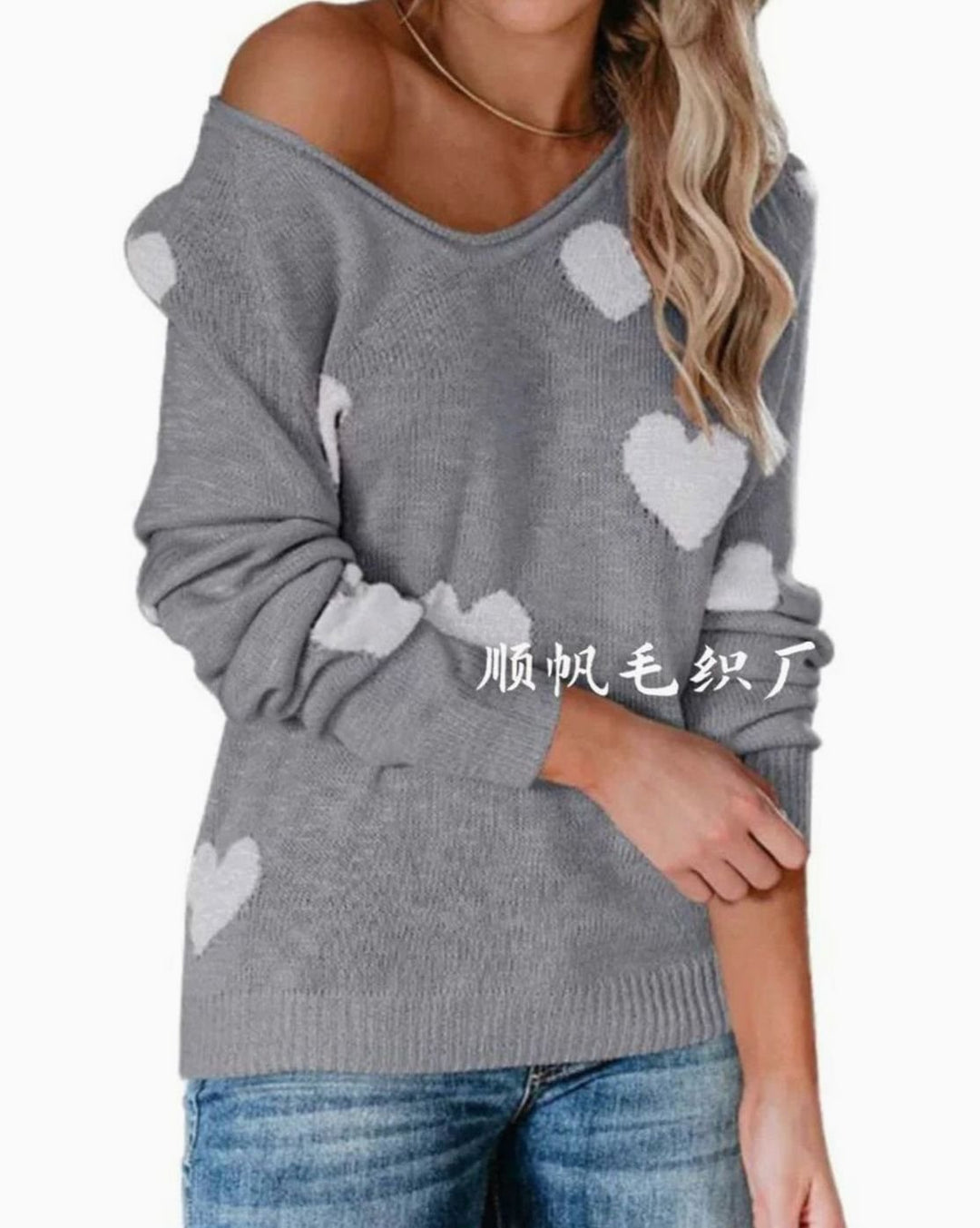 Damen Lockerer Strickpullover mit Herzmuster Rundhals Langarm - Grau