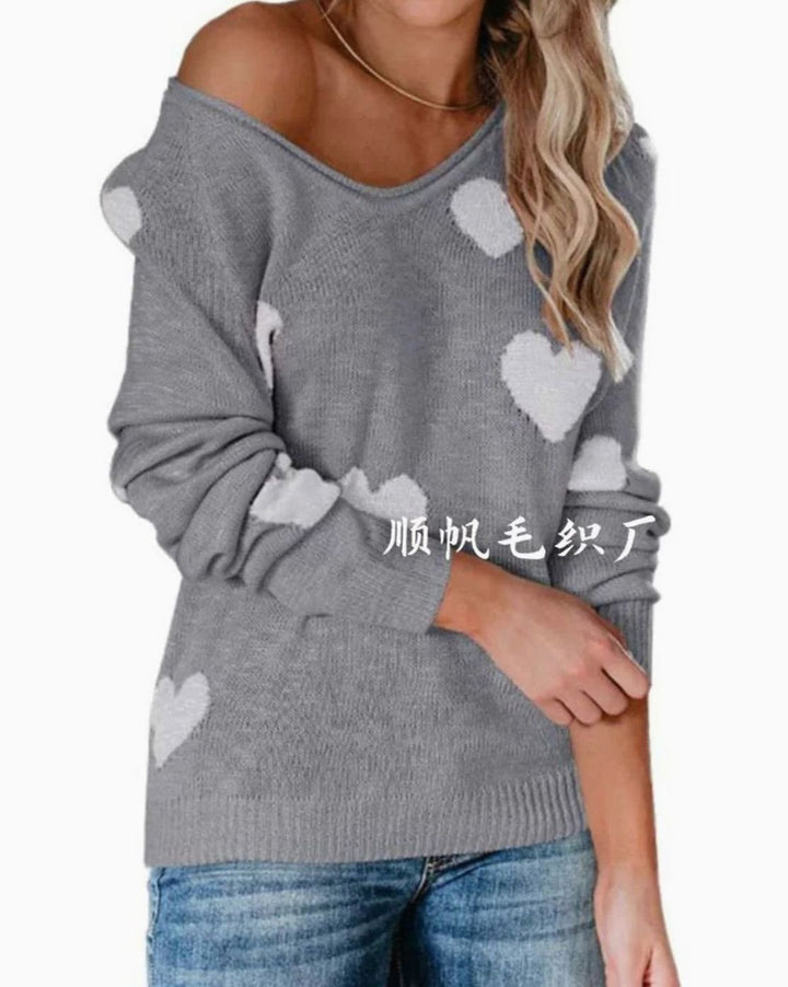Damen Lockerer Strickpullover mit Herzmuster Rundhals Langarm - Grau