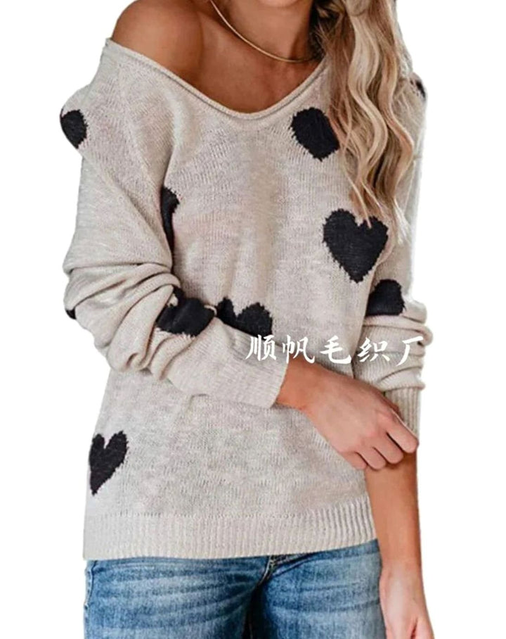 Damen Lockerer Strickpullover mit Herzmuster Rundhals Langarm - Hellbeige