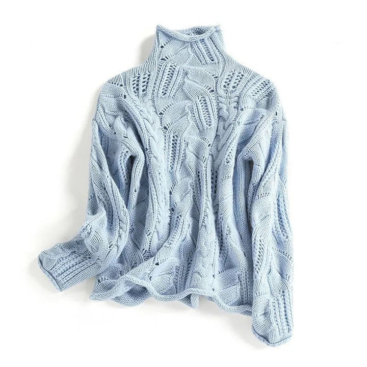 Damen Lockerer Zopfmuster Stehkragen Knit Sweater - Blau