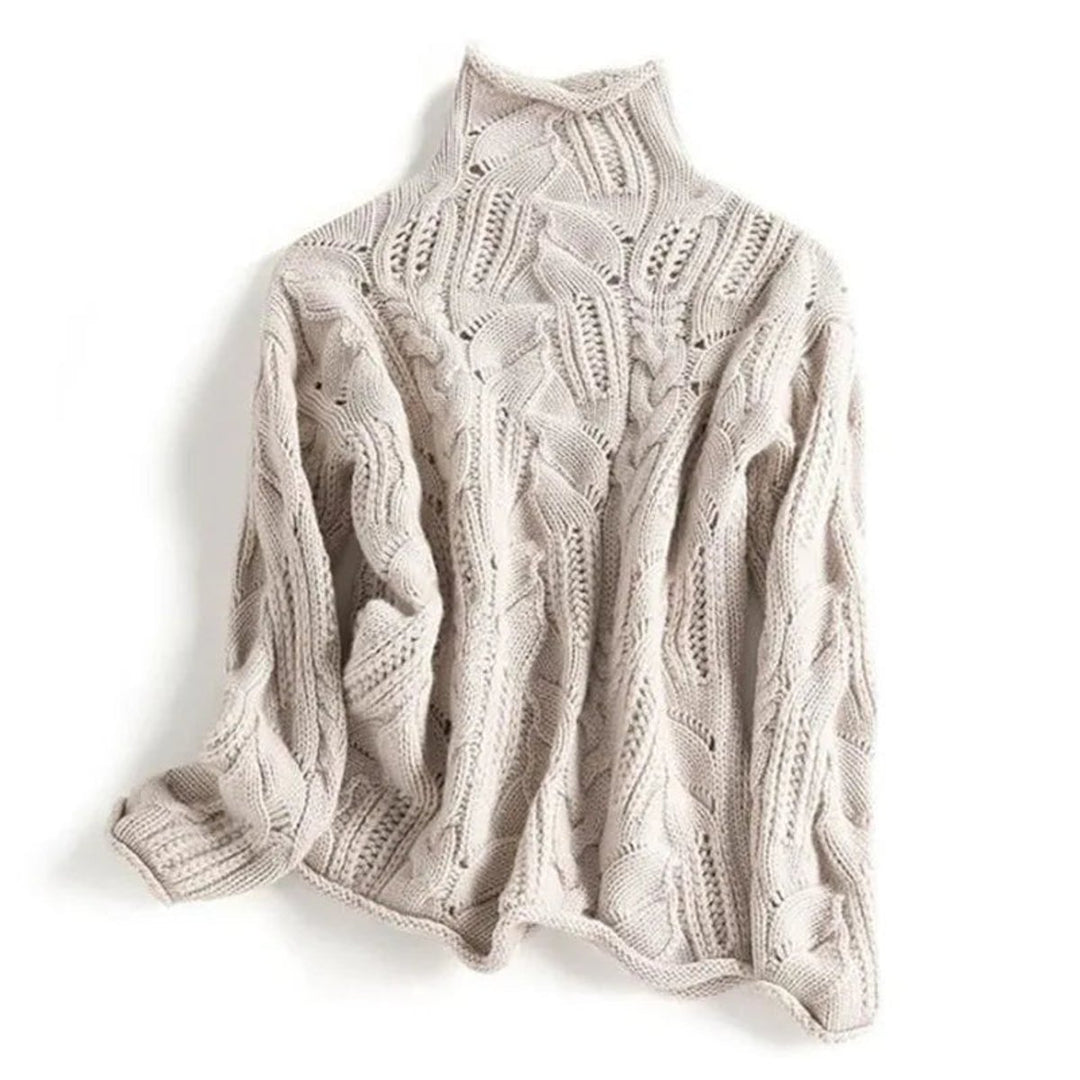 Damen Lockerer Zopfmuster Stehkragen Knit Sweater - Beige