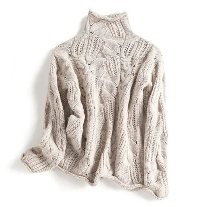 Damen Lockerer Zopfmuster Stehkragen Knit Sweater - Beige