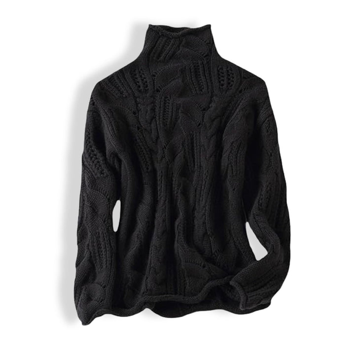 Damen Lockerer Zopfmuster Stehkragen Knit Sweater - Schwarz