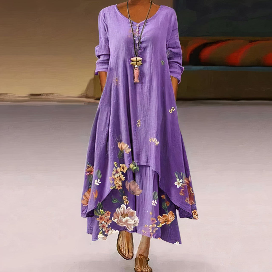 Damen Lockeres Blumen-Saum Langarm Maxi-Kleid mit Rundhalsausschnitt - Lavender