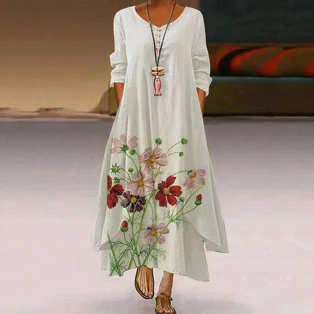 Damen Lockeres Blumen-Saum Langarm Maxi-Kleid mit Rundhalsausschnitt - White 1