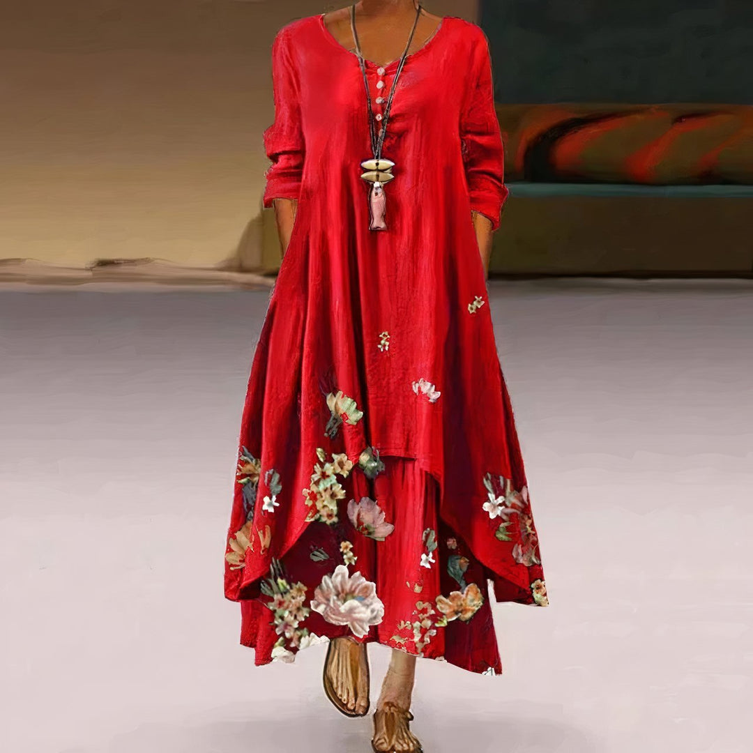 Damen Lockeres Blumen-Saum Langarm Maxi-Kleid mit Rundhalsausschnitt - Red