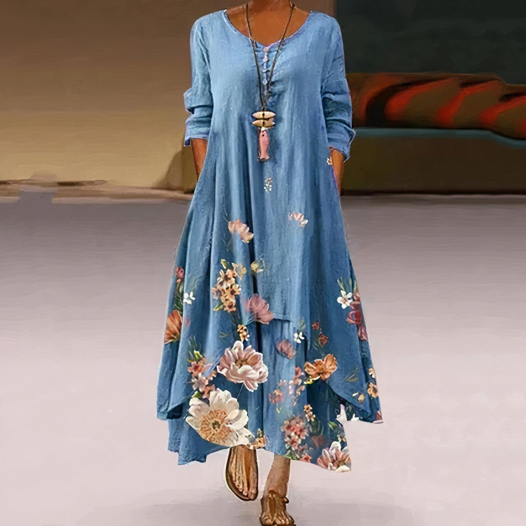 Damen Lockeres Blumen-Saum Langarm Maxi-Kleid mit Rundhalsausschnitt - Blue