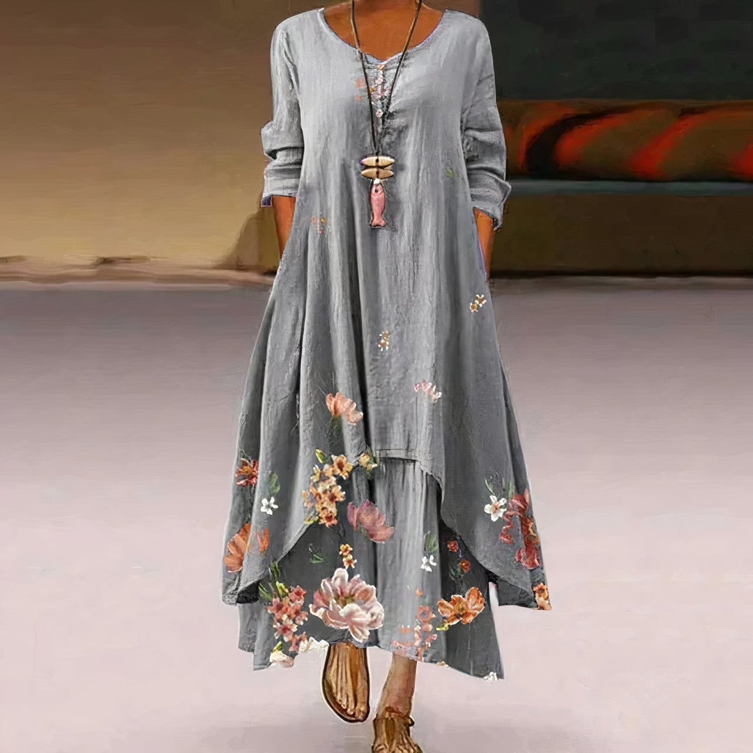 Damen Lockeres Blumen-Saum Langarm Maxi-Kleid mit Rundhalsausschnitt - Light Gray