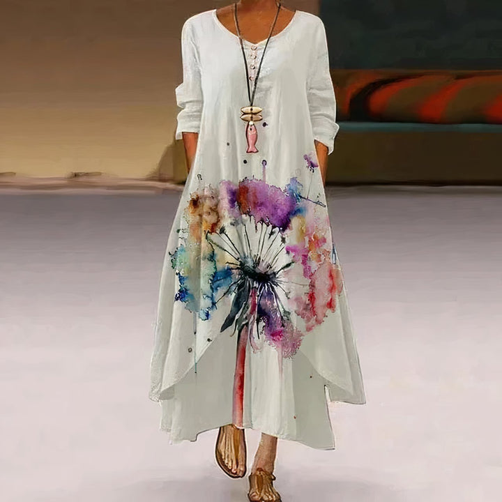 Damen Lockeres Blumen-Saum Langarm Maxi-Kleid mit Rundhalsausschnitt - White 2