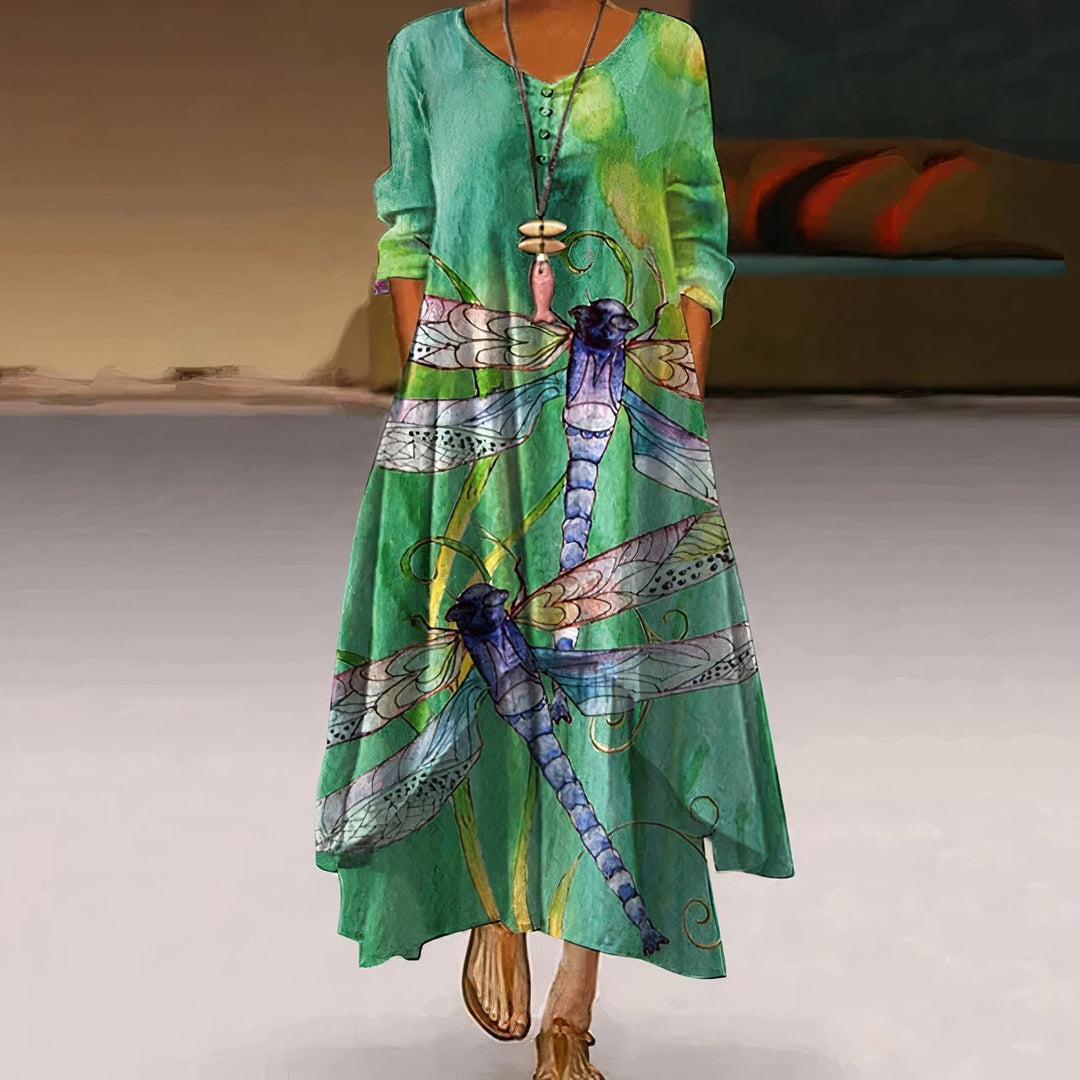 Damen Lockeres Blumen-Saum Langarm Maxi-Kleid mit Rundhalsausschnitt - Green