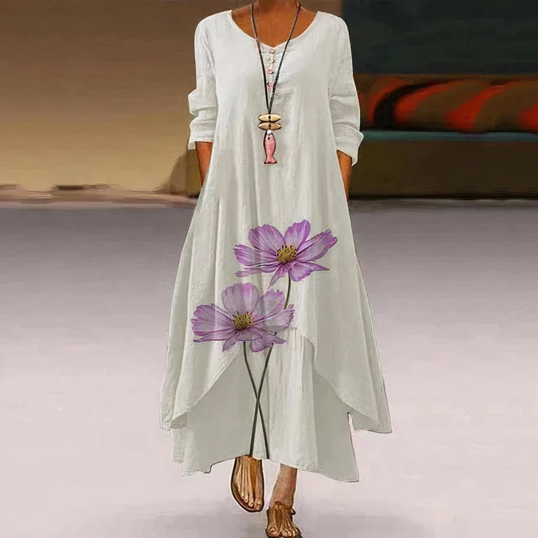 Damen Lockeres Blumen-Saum Langarm Maxi-Kleid mit Rundhalsausschnitt - White 3