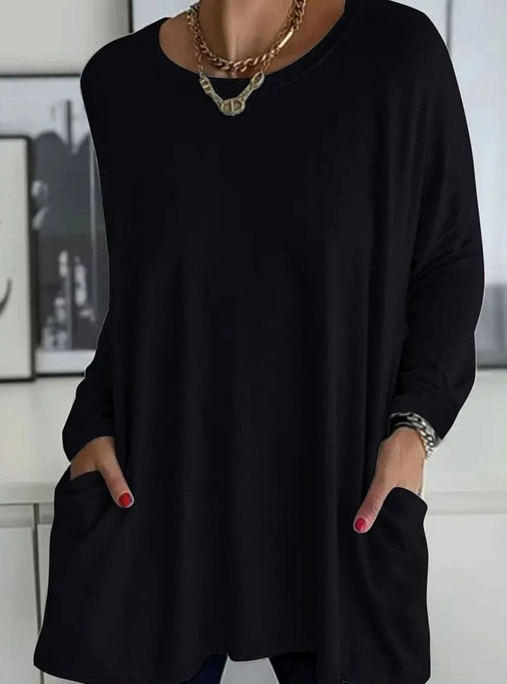 Damen Lockeres Langarmshirt Weite Passform Rundhals Taschen - Schwarz