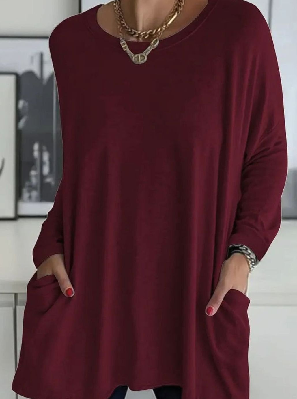 Damen Lockeres Langarmshirt Weite Passform Rundhals Taschen - Burgund
