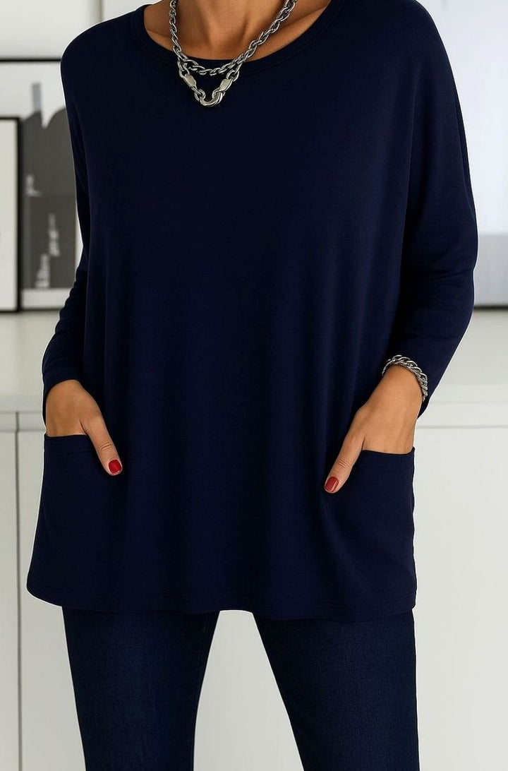 Damen Lockeres Langarmshirt Weite Passform Rundhals Taschen - Blau