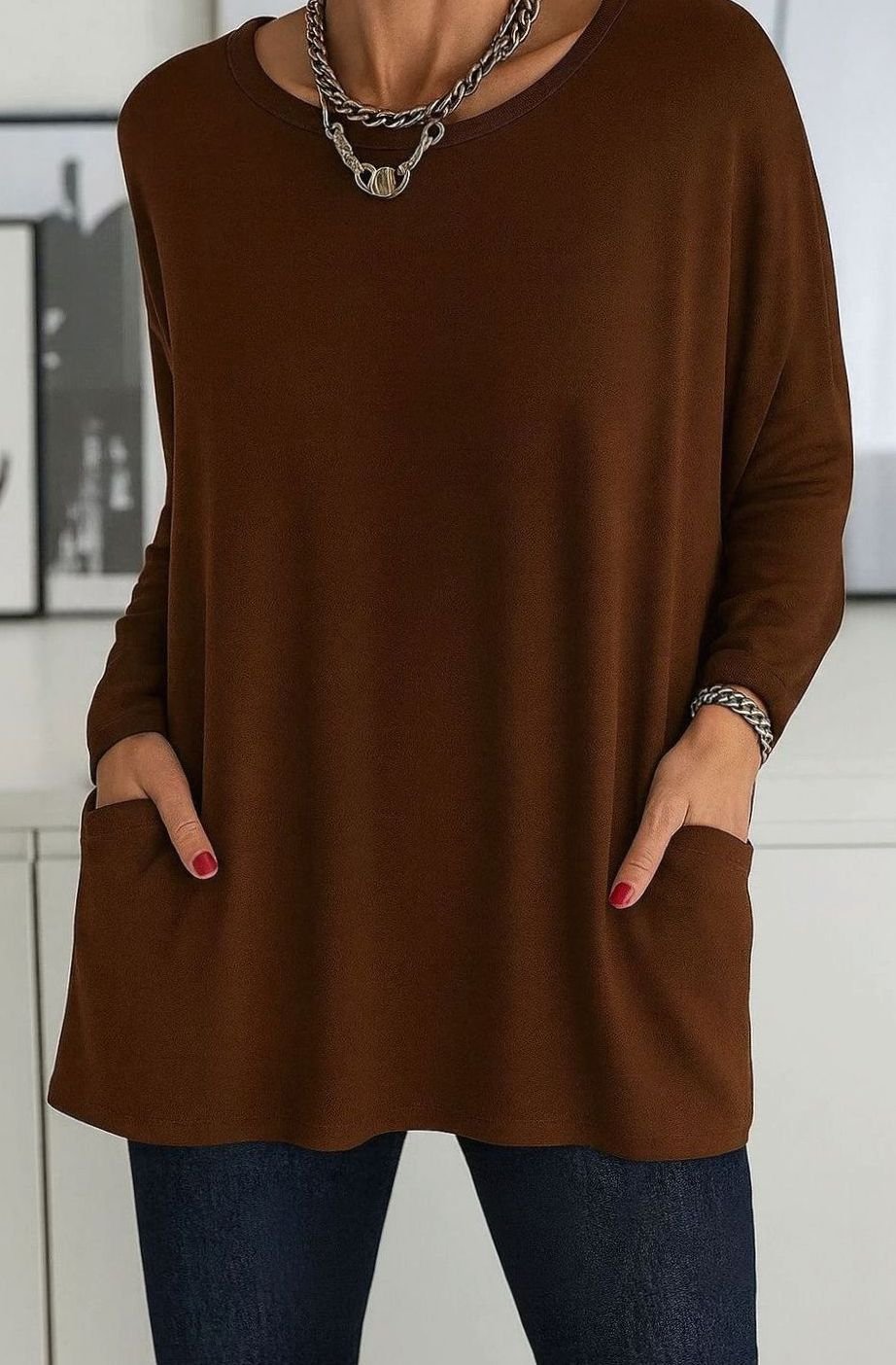 Damen Lockeres Langarmshirt Weite Passform Rundhals Taschen - Braun