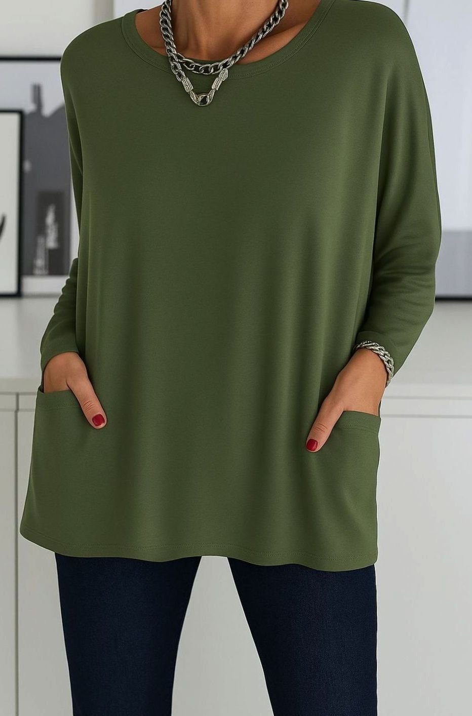 Damen Lockeres Langarmshirt Weite Passform Rundhals Taschen - Grün