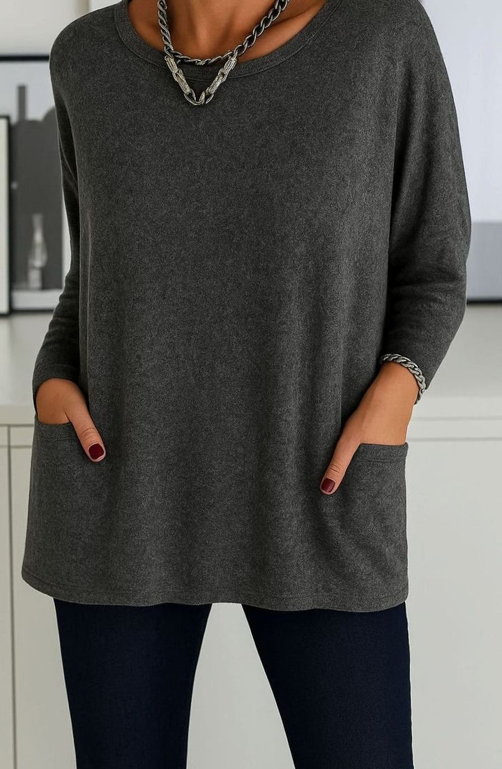 Damen Lockeres Langarmshirt Weite Passform Rundhals Taschen - Dunkelgrau