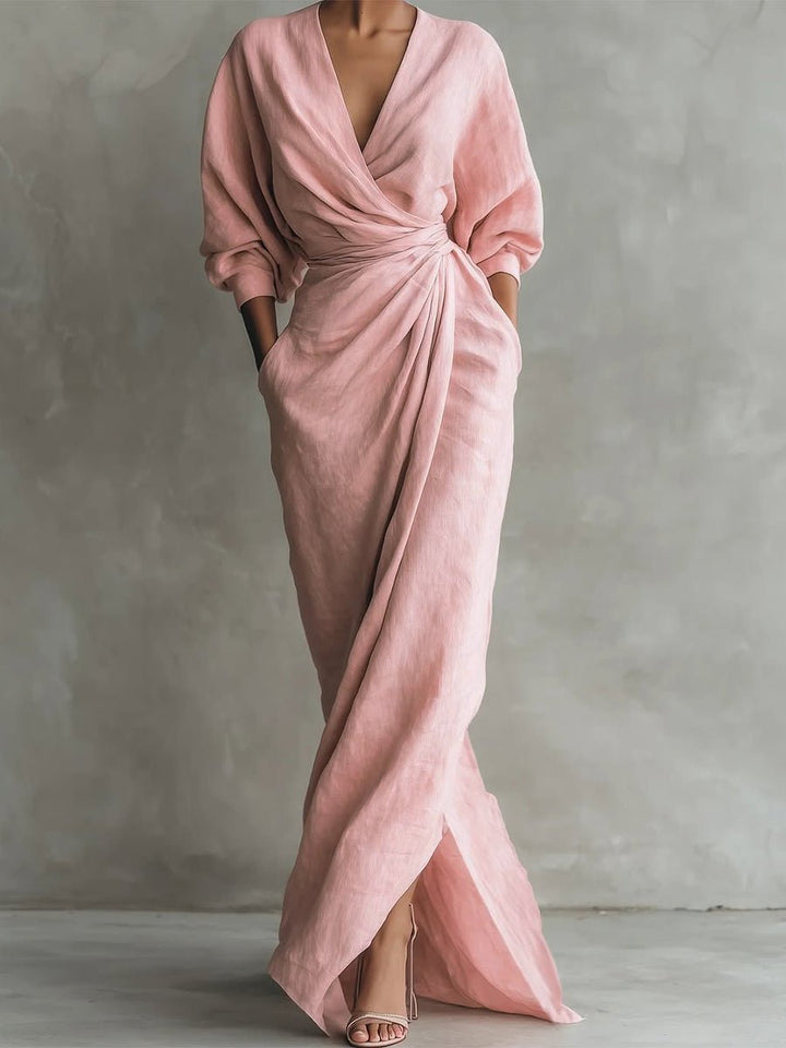 Damen Long Sleeve Dress Maxi Wickelkleid V-Ausschnitt 3/4-Ärmel - Rosa