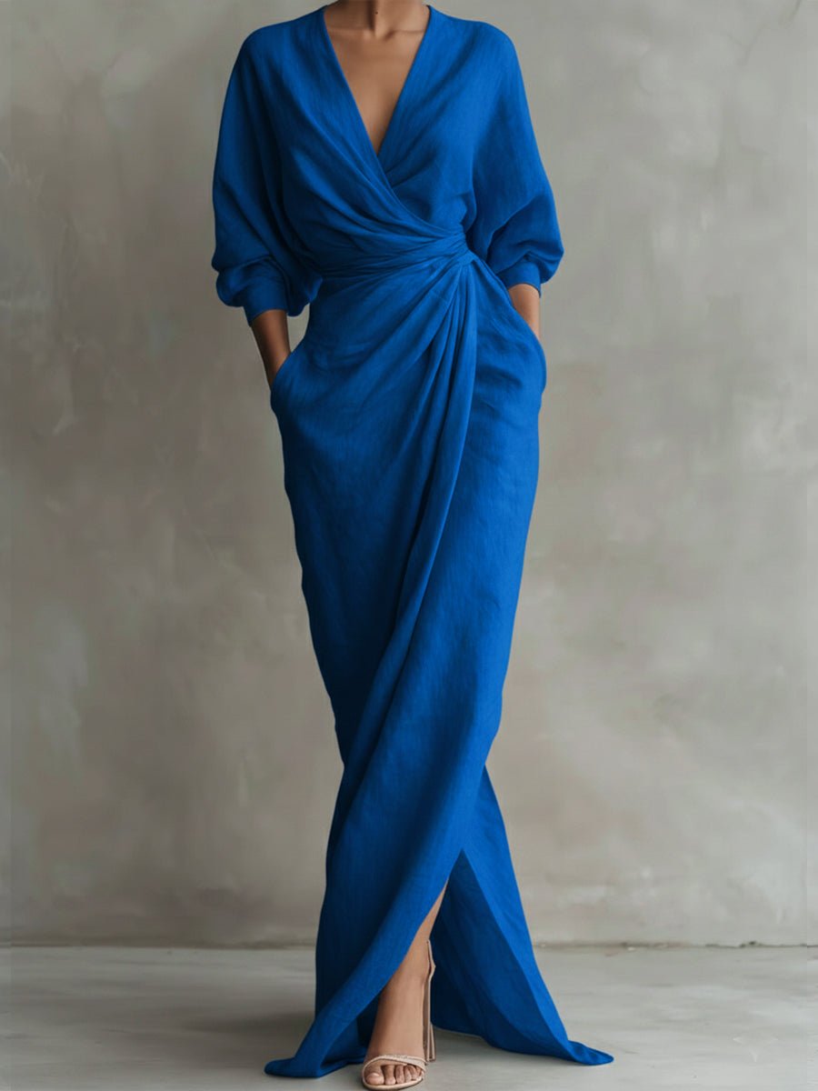 Damen Long Sleeve Dress Maxi Wickelkleid V-Ausschnitt 3/4-Ärmel - Blau