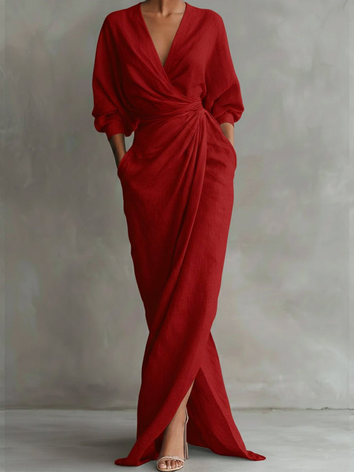 Damen Long Sleeve Dress Maxi Wickelkleid V-Ausschnitt 3/4-Ärmel - Rot