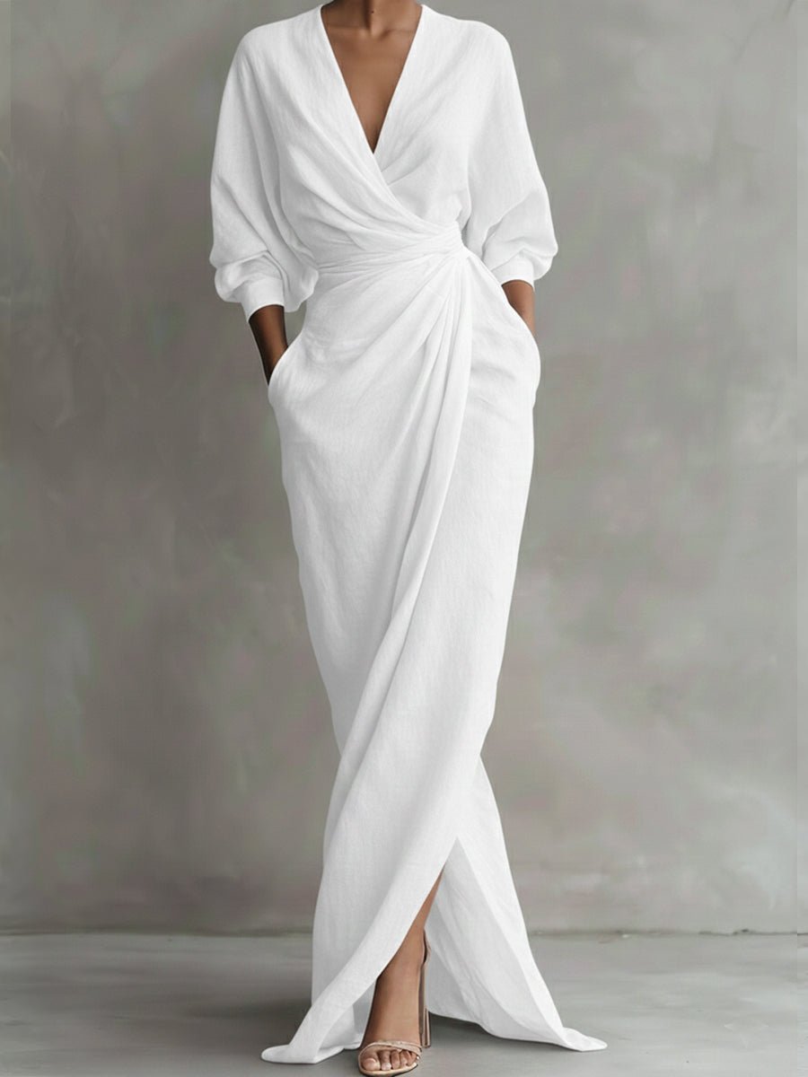 Damen Long Sleeve Dress Maxi Wickelkleid V-Ausschnitt 3/4-Ärmel - Weiß